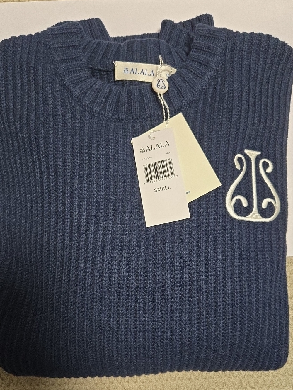 Nwt ALALA Navy Crest  Crewneck Sweater with White Logo Womens Size Small